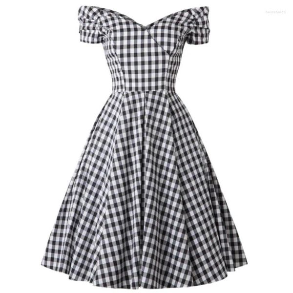 Vestidos de fiesta Retro Vintage 50s Rockabilly Vestido casual Fuera del hombro Black Plaid Inglaterra Estilo Pin Up Ropa de mujer