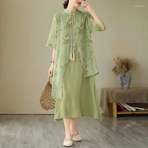 Vestidos de fiesta ropa retro para mujeres estilo chino con diseño de alta gama con diseño de verano de hebilla de longitud corta impresa Z1540