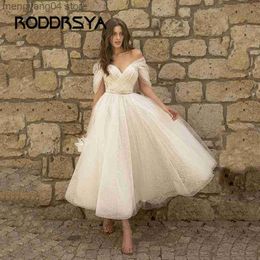 Feestjurken Roddrya Bling Glittter Boho trouwjurken voor vrouwen uit schouder SweeteAart Net Tule Beach Tea Lengte Bridal Jurken Lace Up T230502