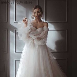 Robes de soirée Tulle romantique avec manches bouffantes détachables Robes de mariée plissées Une ligne Tulle Boho sur l'épaule Robes de mariée de mariage T230502