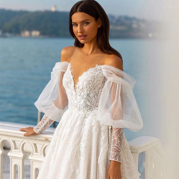 Robes de soirée romantique robe de mariée boule blanche manches longues bouffantes col en V profond robe de mariée appliques bouton arrière robe de novia encaje