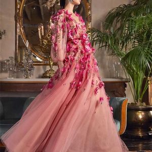 Feestjurken Rose Pink Prom Dresses 3D Bloembloemen Lange mouwen V Hals Line Custom Made Evening Jurken Vloer Lengte Tule feestjurk 220923