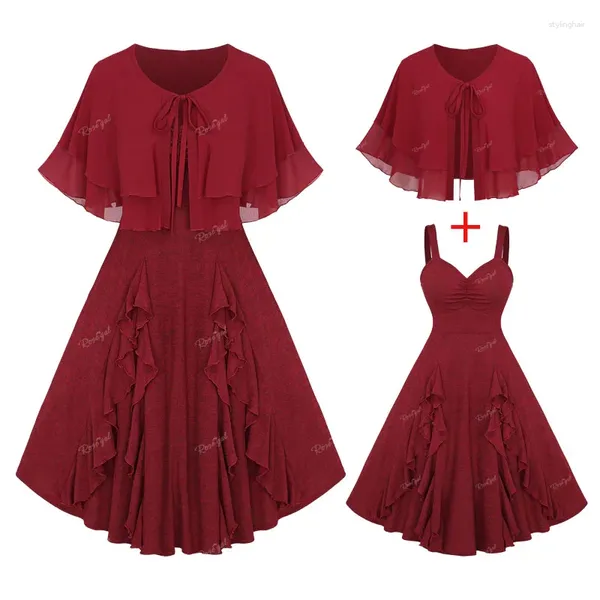 Robes de fête Rosegal Plus taille profonde rouge femmes froissées ruples de la laitue Robe marlée avec cravate en mousseline de mousseline