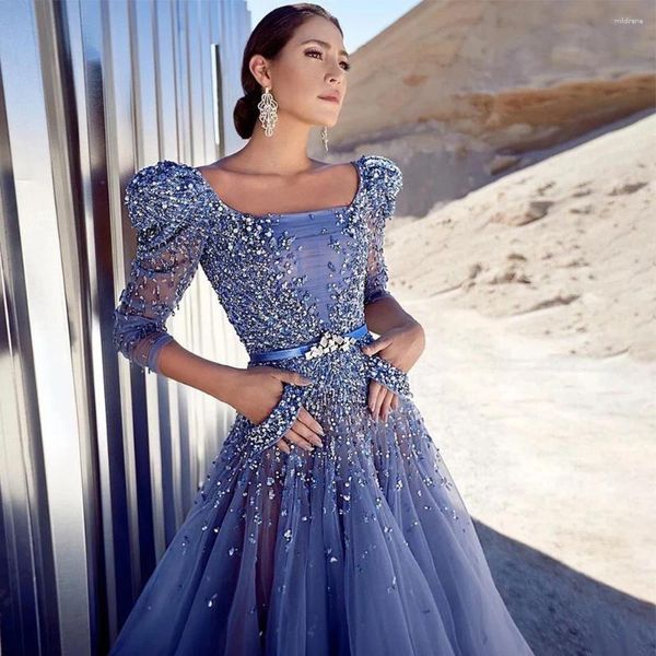 Robes de fête Roseinthebox Blue Long perle Robe de soirée 2024 luxe Dubaï Longueur du sol musulman arabe Robe formelle L62591