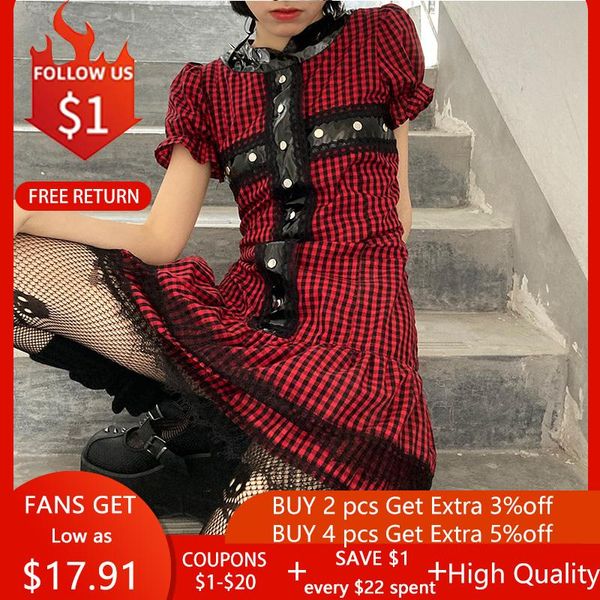 Vestidos de fiesta Rosetic Devil Cross Rivet Gothic Plaid Dress Mujeres Summer Lace Punk Short 2022 Casual Vintage Mini Red Lolita Girl