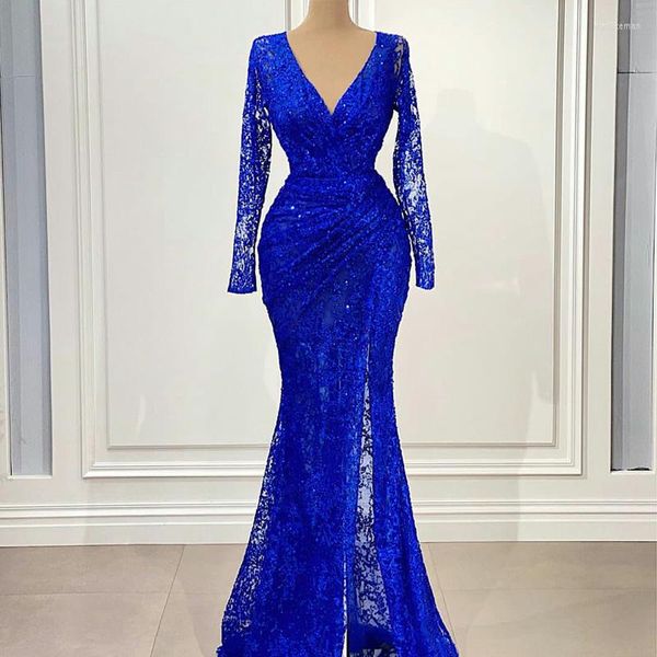 Vestidos de fiesta Royal Blue Lace Mermaid Evening V Neck Manga larga Side Split Vestidos Illusion Red Carpet Prom Quinceanera Dress