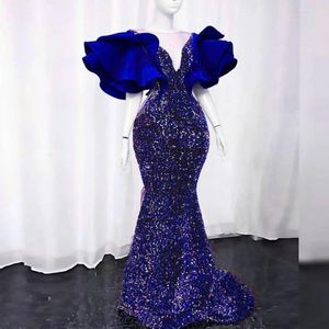 Vestidos de fiesta Royal Blue Mermaid Sparkle Lentejuelas Tarde Mujeres Cuello en V Mangas acampanadas cortas Vestido formal África Vestidos de baile de graduación