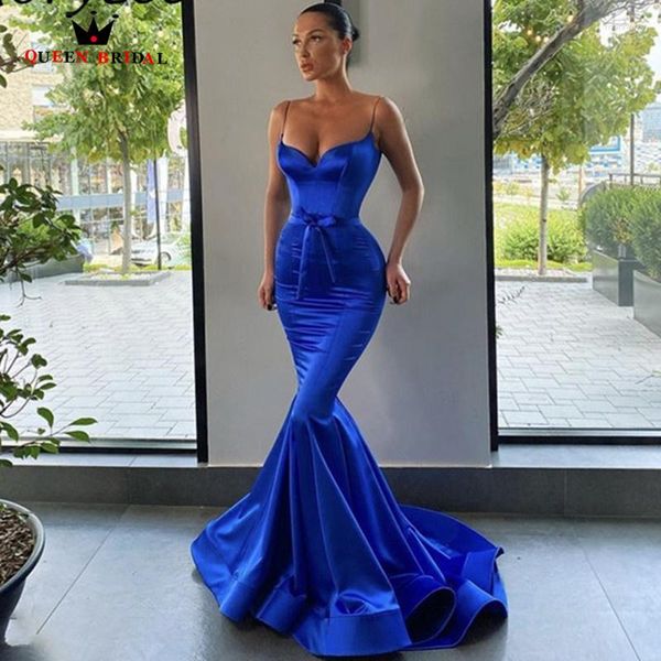 Vestidos de fiesta Royal Blue Prom Spaghetti Straps Silk Satin Bow Belt Mermaid Abendkleider Zipper Vestidos de Fiesta Noche LP16