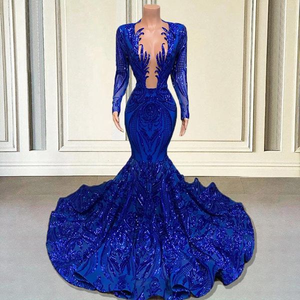 Partykleider Royal Blue Pailletten Prom für schwarze Mädchen 2024 Meerjungfrau mit langen Ärmeln Sexy Afrikanischer formeller Abend Galakleid Hochzeit