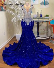 Feestjurken Royal Blue Pailles Sliver Crystal Beading Prom Black Girl Mermaid For Wedding Evening Gala Dress Elegant