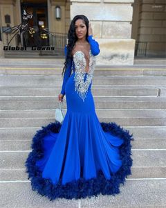 Robes de soirée bleu Royal pure O cou longue robe de bal pour les filles noires perlées cristal diamant anniversaire plumes robe formelle