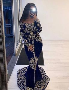 Robes de soirée bleu royal velours sirène bal dentelle appliques à manches longues robes de soirée marocaine sur mesure saoudien arabe robe Fromal