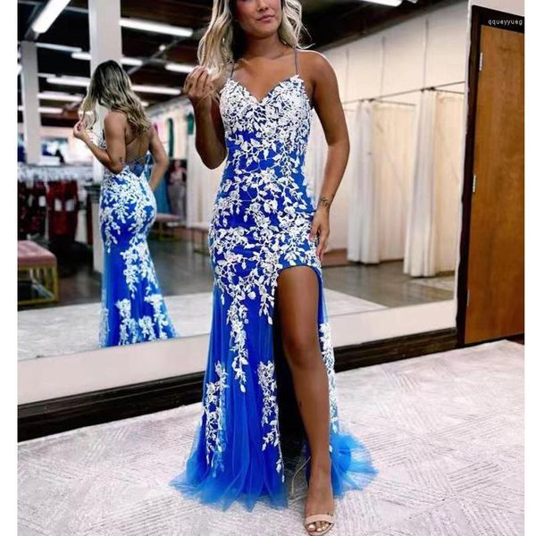 Vestidos de fiesta Royal Blue White Lace Sirena Noche larga con cuello en V High Side Slit Vestidos de fiesta sin respaldo