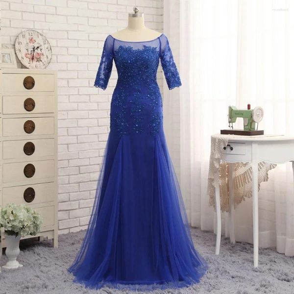 Robes de soirée bleu royal femme formelle invité de mariage soirée bal mère de la mariée sirène demi manches appliques perles