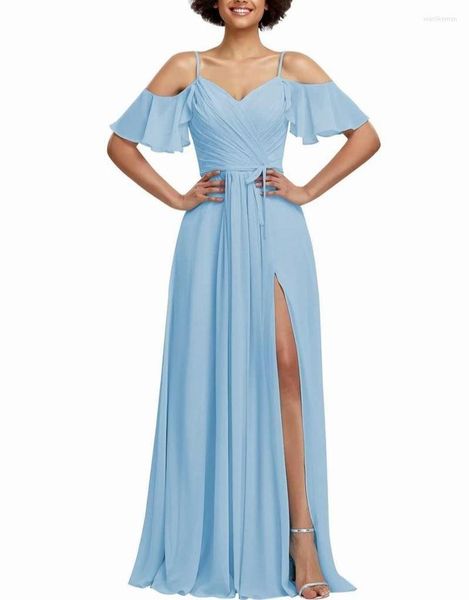 Robes de soirée manches volantées demoiselle d'honneur col en V formel pour mariage maternité bleu ciel taille 4