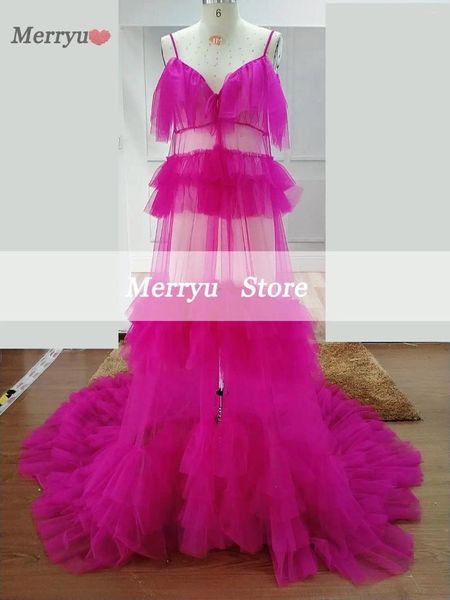 Vestidos de fiesta Ruffles Rose Red Formal Vestido de noche Vestido de mangas cortas Sexy Pogra Long Women Empire Tulle Prom Vestido