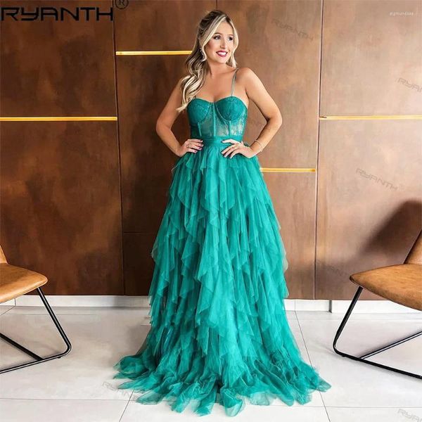 Robes de fête Rouffles Tulle Long Prom Prom Spaghetti Strap en dentelle formelle Robe de demoiselle d'honneur OON Robes de soirée à lames de paon 2024