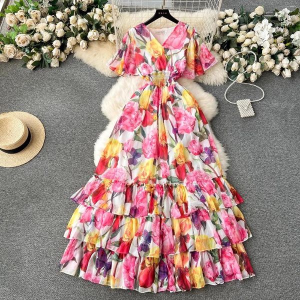 Robes de soirée Piste Magnifique Fleur En Mousseline De Soie Robe En Cascade Femmes Col En V À Manches Courtes Imprimé Floral Taille Élastique Longue Boho Robe Robes