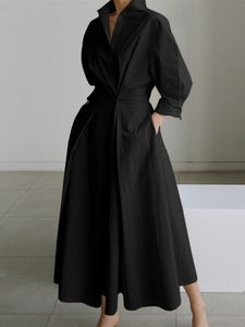 Robes de soirée S5XL Mode coréenne Chemise à manches longues Chic Turndown Cou Ruché Maxi Femmes Automne Hiver Vêtements Streetwear 221203