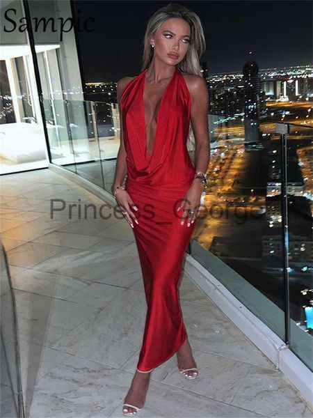 Robes de soirée Sampic nouvelle mode été femmes vêtements 2022 rouge longue Wrap licou Satin robe Sexy col en V profond fête boîte de nuit robe dos nu x0629