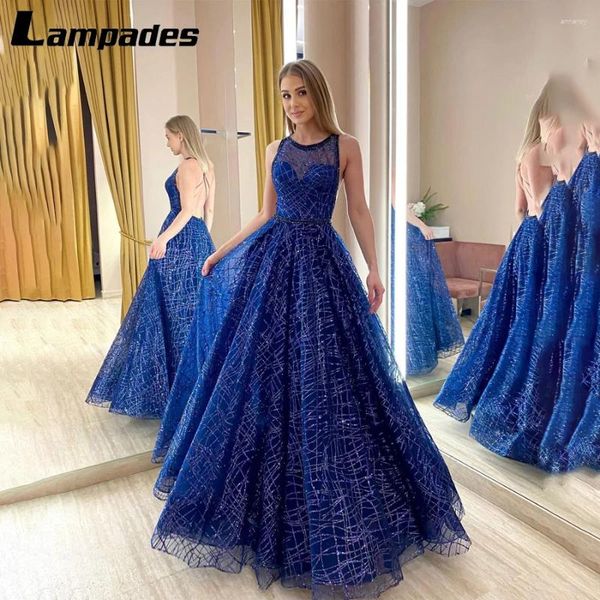 Robes de fête scoop décolleté paillettes royal bleu bling robe de bal birant la ceinture perle de la ceinture longue luxe 2024 célébrité