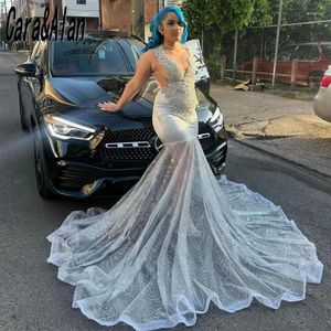 Feestjurken doorzien door prom 2024 Blackgirl Sheer Neck Crystal Pargin Mermaid Jurns Long Birthday Outfits Vestidos de Gala