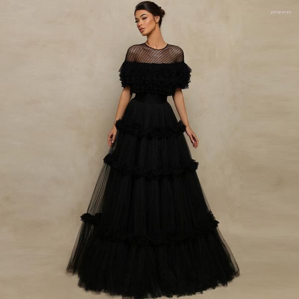 Robes de soirée voir à travers noir Tulle robe de bal col rond femme vêtements a-ligne soirée pour les femmes robe de bal à volants à manches courtes