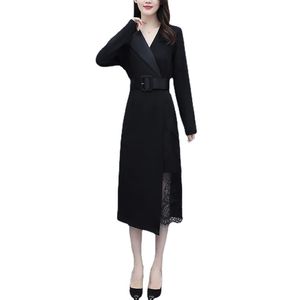 Robes de soirée Senhora do escritório terno preto colar faixas manga longa primavera outono grande taille feminino rendas retalhos