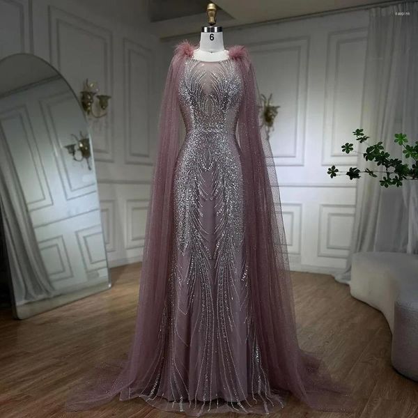 Robes de fête Robe de soirée sirène rose arabe de colline sereine avec des plumes de luxe élégantes manches de cape perles pour les femmes 2024 CLA71709A