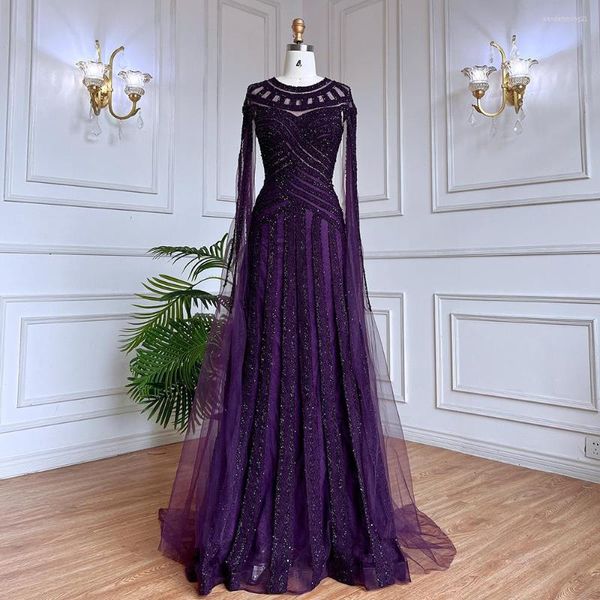 Vestidos de fiesta Serene Hill árabe púrpura elegante sirena capa mangas encaje con cuentas vestidos de noche 2023 para mujeres boda LA71926