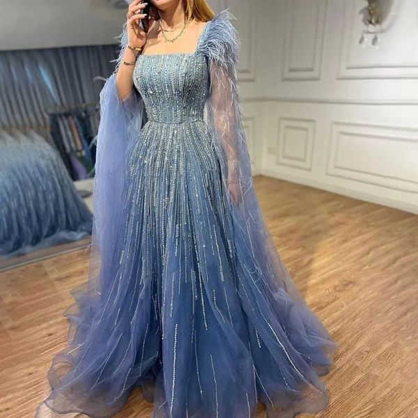 Robes de fête seree hill bleu une ligne de luxe en perles plumes manches capes robes de soirée 2024 pour les femmes mariage dla72236