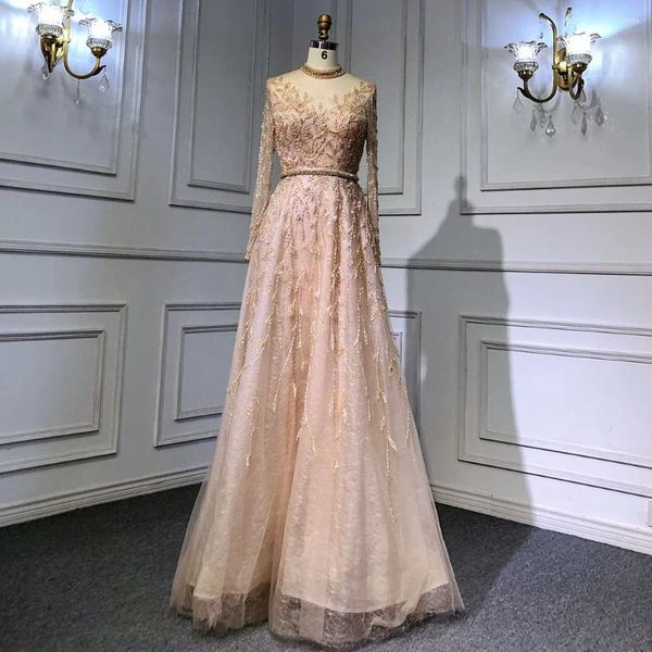 Serene Hill – robe de soirée dorée, ligne a, col haut, musulmane, luxe, perles, bras longs, pour femmes, LA71378L, 2023