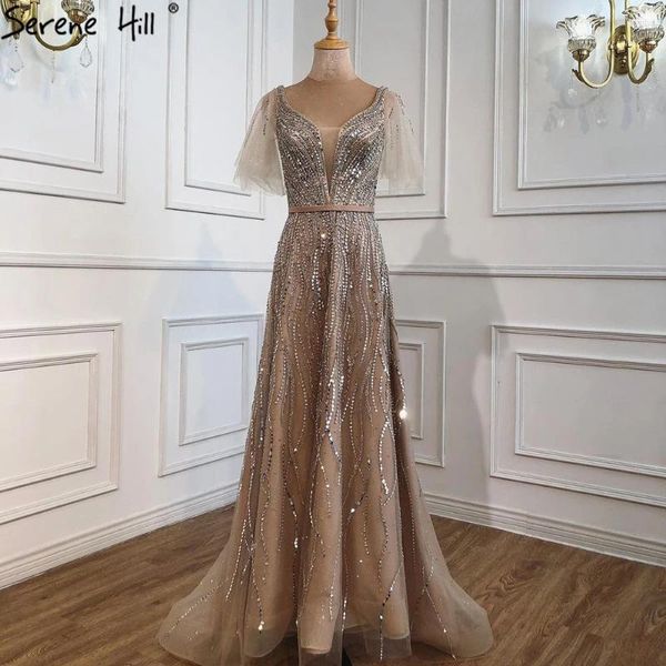 Robes de soirée Serene Hill Gold Luxury A-Line Robes de soirée 2024 Perles Manches courtes évasées pour les femmes LA70824