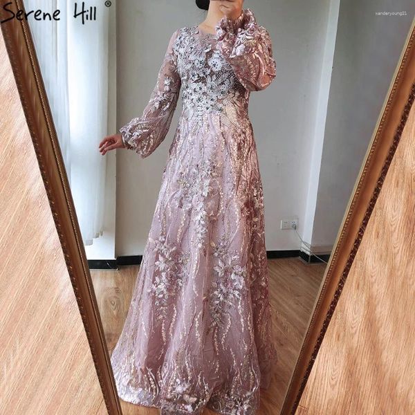 Robes de fête Robes de soirée de luxe rose musulmane sereine 2024 Fleurs Crytsal Long Lantern Manches de robe formelle LA70779