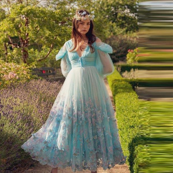 Robes de soirée Sevintage bébé bleu papillon tulle bal dentelle appliques manches longues plissé froncé a-ligne robe de soirée robe formelle