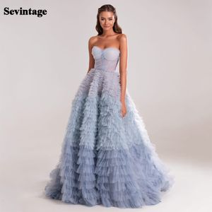 Feestjurken Sevintage Blue Prom-jurken Tiered Ruches TuLle Pleit Ruched A-lijn Backless Saoedi-Arabische vrouwen feestavondjurken 230310