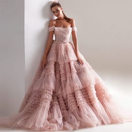 Sevintage robes de bal longues rose poussiéreux chérie froissé tulle volants robes de soirée épaules dénudées robe de soirée a-ligne à plusieurs niveaux 230217