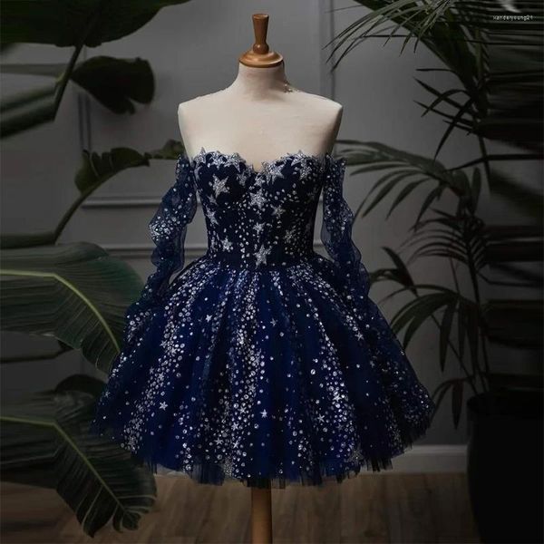 Robes de fête sévintage paillettes bleu marine bleu étoile tulle bal manches longues plie plie mini-robes de soirée robe formelle robe