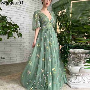 Robes de soirée Sevintage vert broidery dentelle robes de bal Puff Seves A-ligne longue robes de soirée de mariage dos ouvert Tul robe de soirée 2022 0408H23