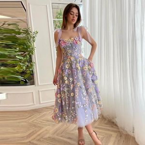 Feestjurken Sevintage lavendel 3D bloemen bloemen tule prom strapless boog riemen -lengte a -line avondjurken formele kleding