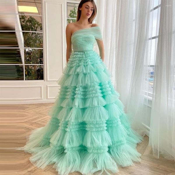 Vestidos de fiesta Sevintage Mint Green Tiered Ruffles Tulle Prom Un hombro Sin mangas A-Line Arabia Saudita Mujeres Vestidos de noche