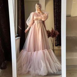Feestjurken Sevintage bescheiden blush roze prom Lange mouwen hoge nek A-lijn A-lijn Arabische moslimavondjurk Turkse formele jurken