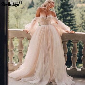 Feestjurken Sevintage Pink Tul trouwjurk A Line Puff Long Seves Garden Country Bridal Jurken Sweetheart Wedding Jurk Vestido Novia 0408H23