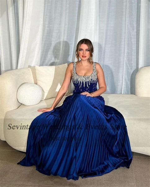 Vestidos de fiesta Sevintage Royal Blue Arabia Satin Prom Vestido A-Line Lentine Longed Longitud Longitud Formal Vestidos para eventos