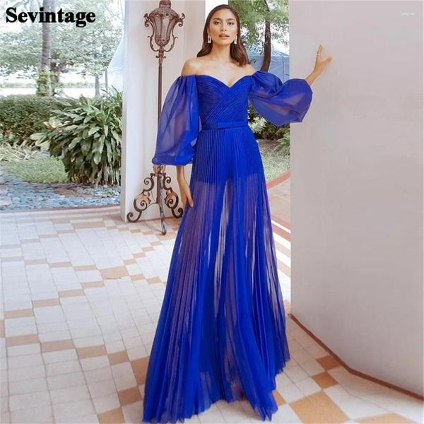 Robes de soirée Sevintage Royal Blue Organza Robe de bal A-ligne de l'épaule manches bouffantes froncée formelle soirée longueur de plancher robe