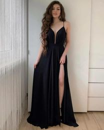 Feestjurken sexy A-line lange chiffon zwarte v-neck avond met spleet vloerlengte korset terug geplooide formele jurk voor vrouwen