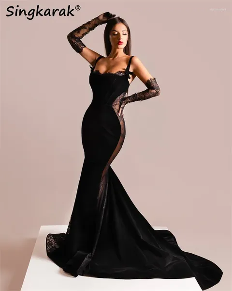 Robes de fête sexy appliques en dentelle noire robe de bal de sirène avec deux gants Velvet Lace-up Robes de mariée robes corset robe
