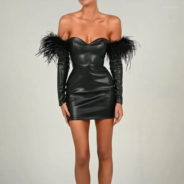 Robes de soirée sexy noir PU femmes mini robe mode bustier tubulaire à manches longues avec plume moulante dos nu soirée élégante