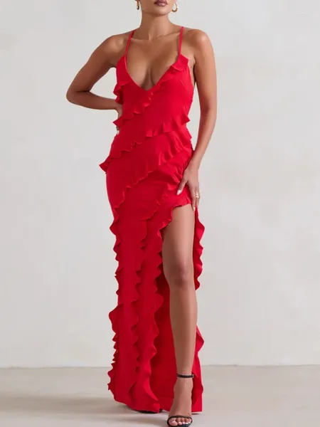 Robes de soirée sexy col en V profond robe de cocktail dos nu épaule nue bretelles spaghetti fente volants soirée robe de bal d'été rouge