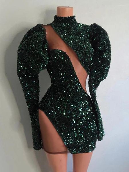 Robes de Soirée Sexy Mode Vert Col Haut Gaine/Colonne Robe de Cocktail Manches Longues Asymétrique Mini Longueur Pli Paillette